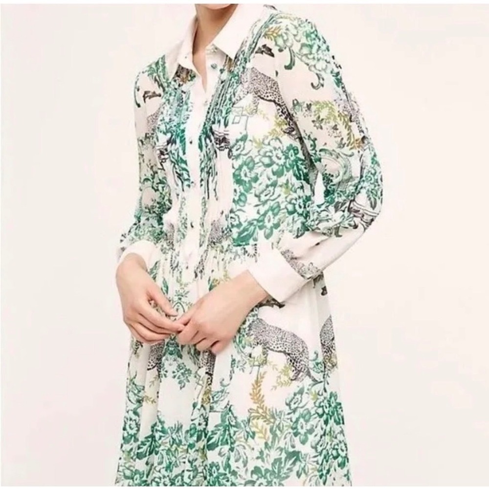 Maeve Anthropologie Shirt Dress 0 Cream Leopard Botanical Pintuck Ria Jungle